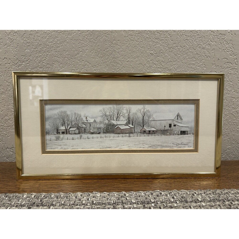 Jon Crane Wall Art Winter In The Heartland Barn Farm Scene Gold Frame 14.5 X 7